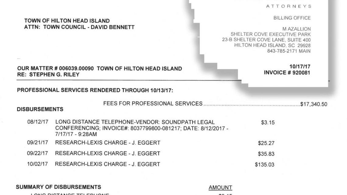 Pictured above is an invoice from the Columbia-based McNair Law Firm, which was hired by the town of Hilton Head regarding town manager Steve Riley’s employment situation.