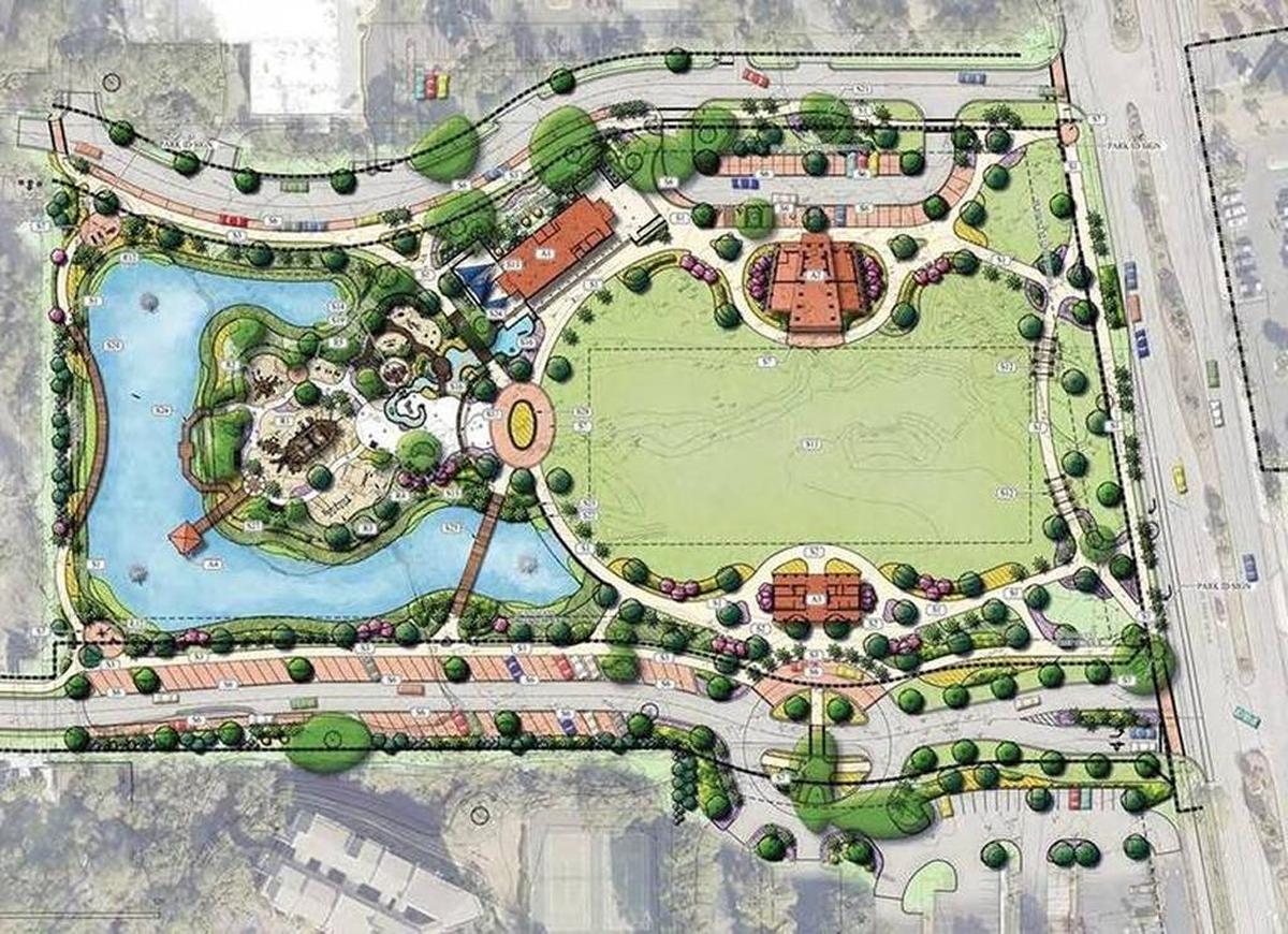 Site layout rendering for the Coligny redevelopment project. Pope Avenue is to the right. Existing Coligny Beach parking and South Forest Beach Drive are to the south. Wood Partners Inc.
