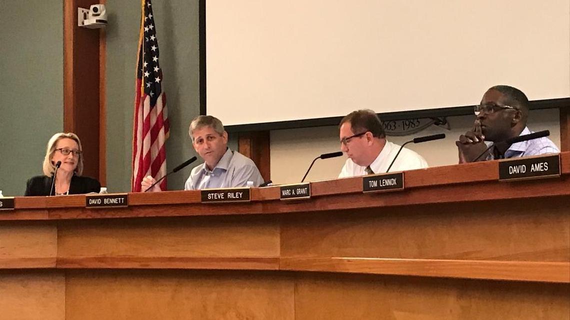 Mayor pro tem Kim Likins, mayor David Bennett, town manager Steve Riley and council member Marc Grant are shown at a regularly scheduled Town Council meeting on Tuesday Sept. 19, 2017.