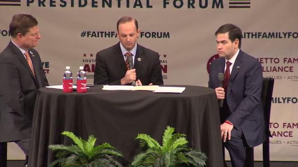 From left, Palmetto Family president Oran Smith, SC Attorney General Alan Wilson and presidential hopeful Sen. Marco Rubio of Florida at the Faith and Family Presidential Forum at Bob Jones University on Feb. 12, 2016. Image from video.