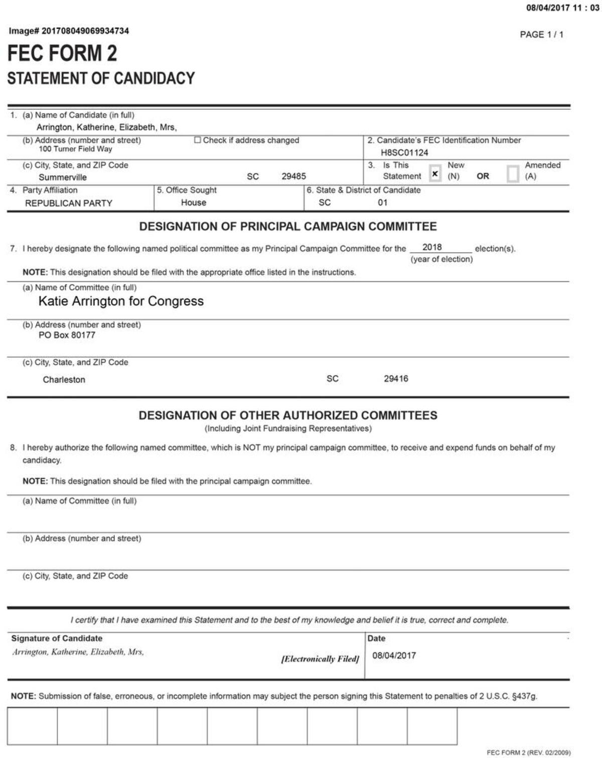 Katie Arrington FEC filing for 2018 election