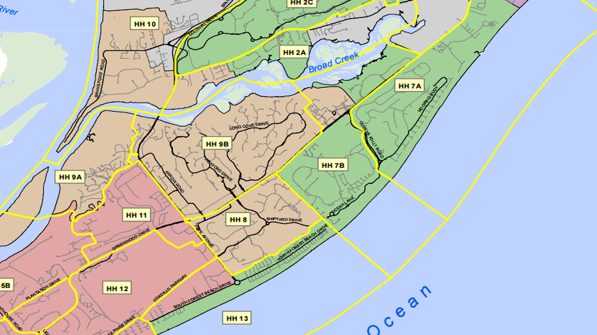 Ward 3 (orange) is depicted in this map of precincts and wards in the Town of Hilton Head Island.