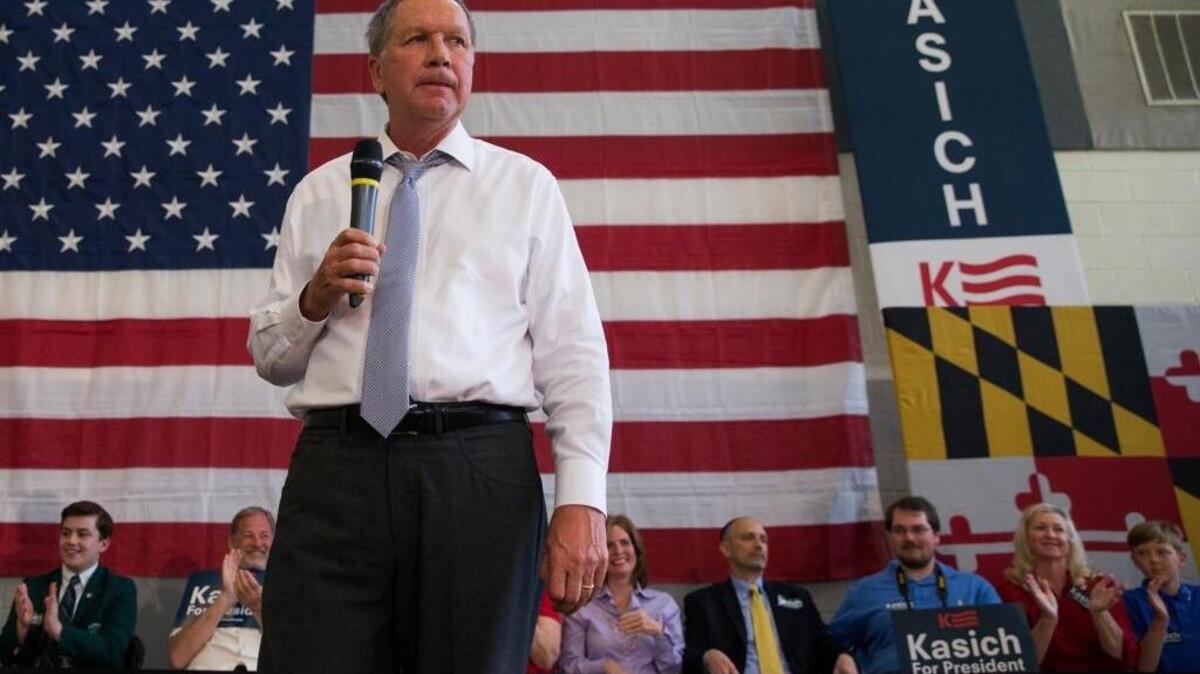 In this photo taken April 25, 2016, Ohio Gov. John Kasich speaks during a town hall at Thomas farms Community Center in Rockville, Md. According to AP sources: Kasich will end his bid for White House.