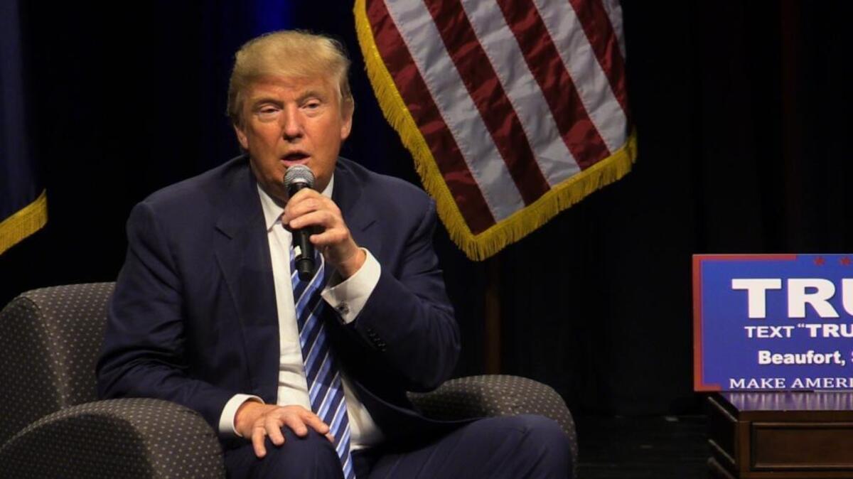 Donald Trump speaks to supporters at a campaign rally at Beaufort High School on Feb. 16, 2016.