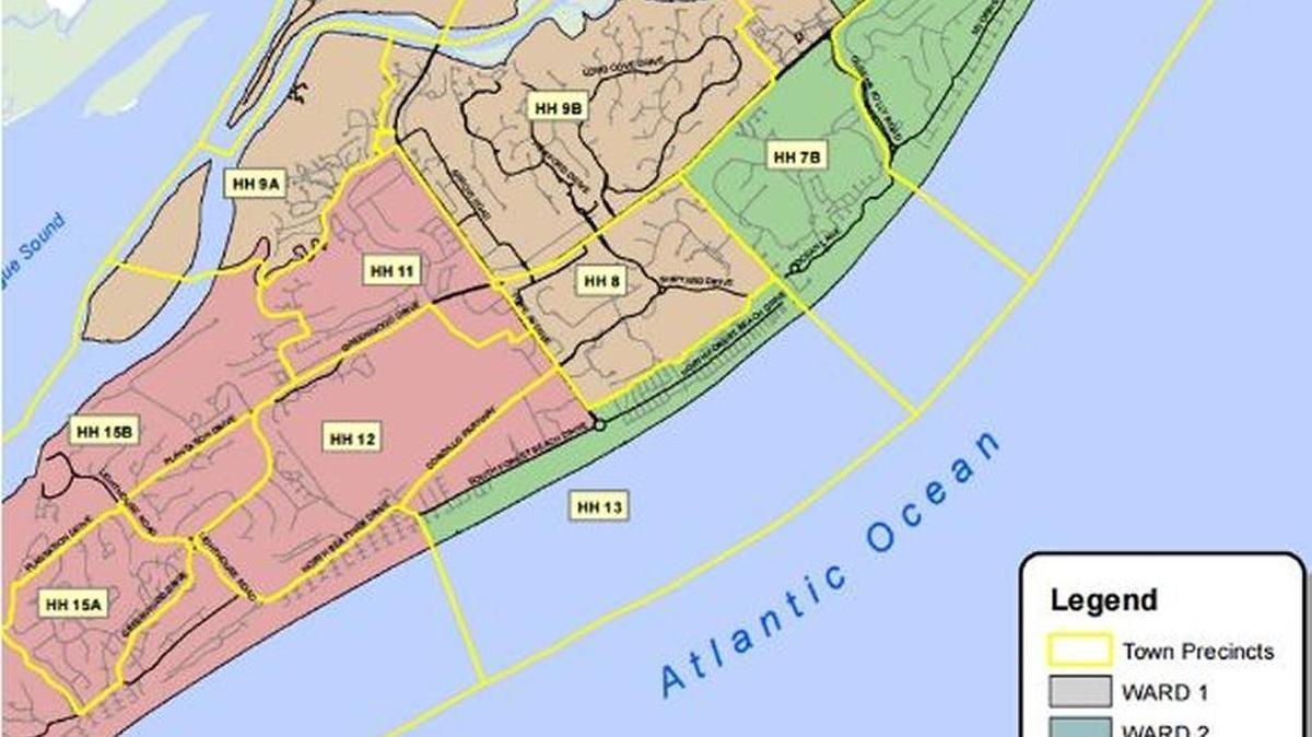 Ward 3 (orange) is depicted in this map of precincts and wards in the Town of Hilton Head Island.
