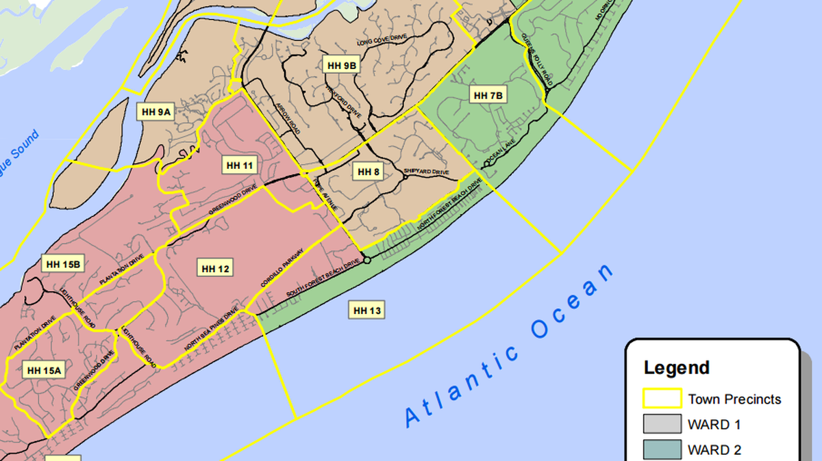 Ward 3 (orange) is depicted in this map of precincts and wards in the Town of Hilton Head Island.