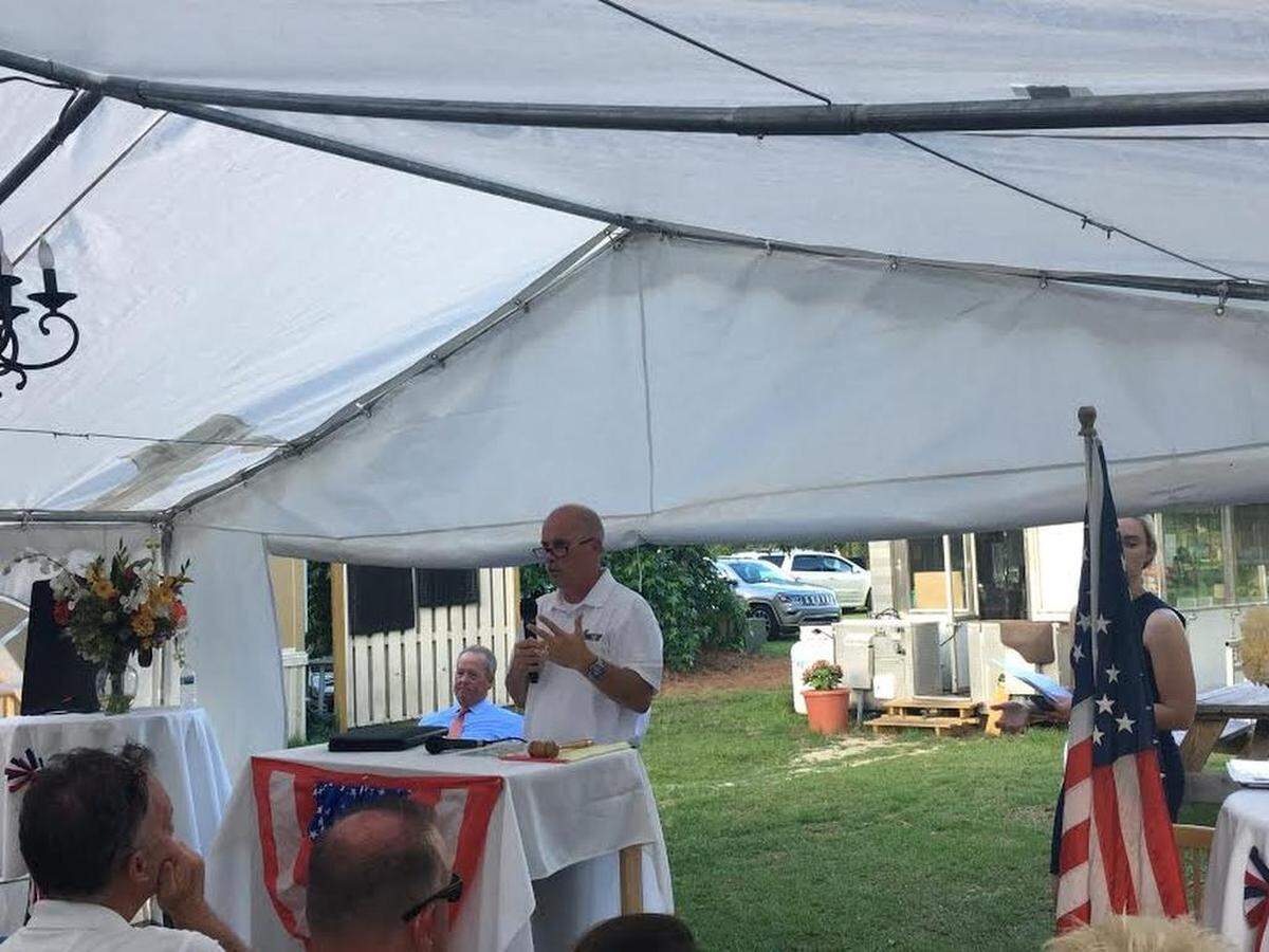 Beaufort County Sheriff P.J. Tanner and candidate JoJo Woodward debated at the Rose Hill clubhouse in Bluffton Tuesday evening.