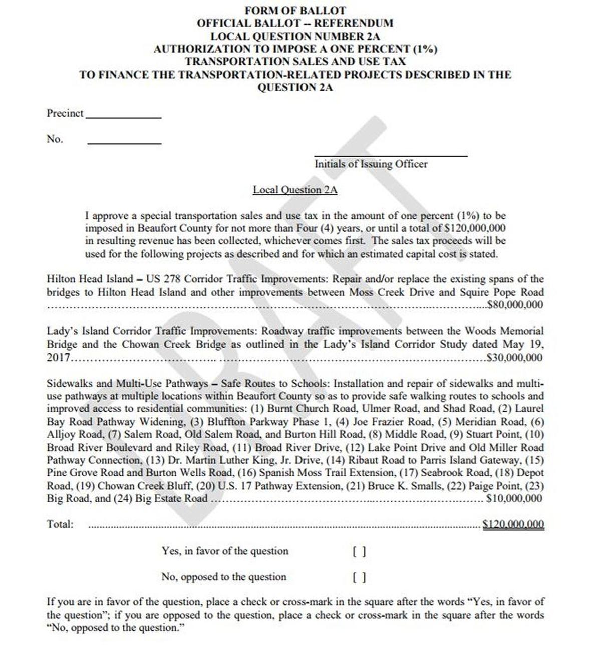 This is an example of how the sales tax referendum would appear on Beaufort County ballots in 2018.
