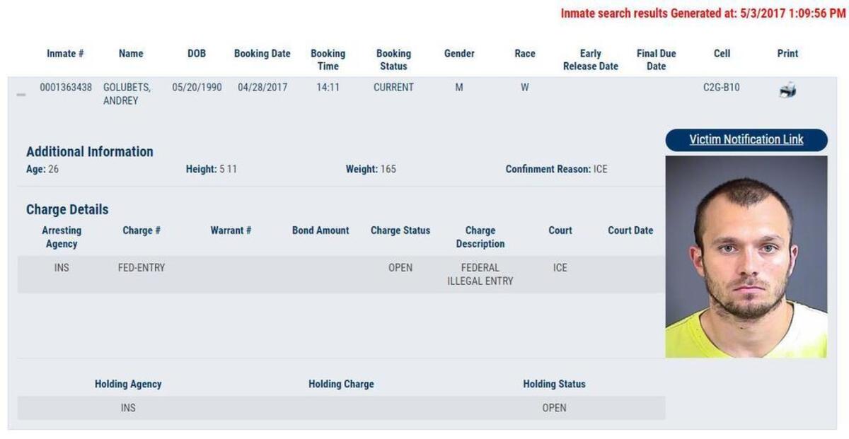 A screenshot from Charleston, S.C.’s, Sheriff Al Cannon Detention Center’s website shows a photo of Andrey Golubets, who was detained there by order of U.S. Immigration and Customs Enforcement.