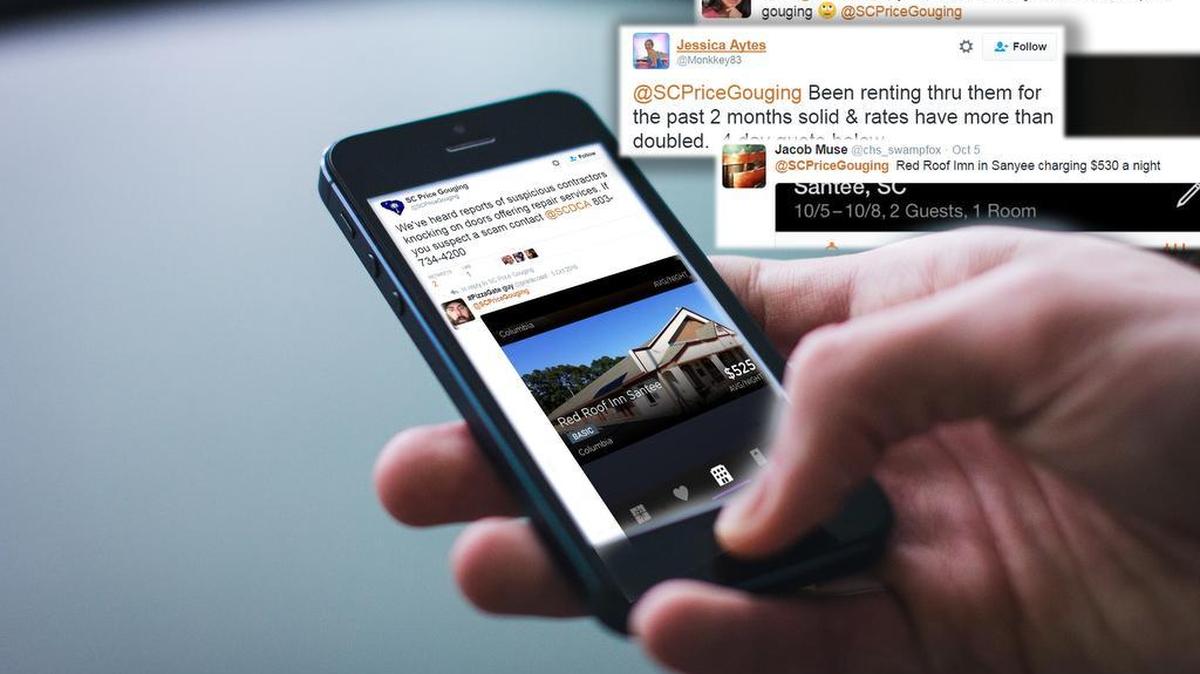 In this photo illustration, images from real tweets and other postings from those claiming price gouging during and after the arrival of Hurricane Matthew with the hash tag of @SCPriceGouging.