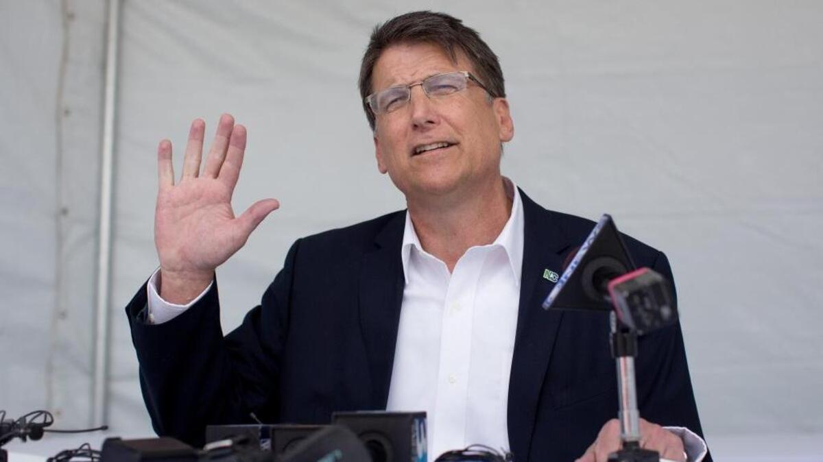 North Carolina Gov. Pat McCrory speaks to the media about House Bill 2 on March 28, 2016, in Clayton, NC.