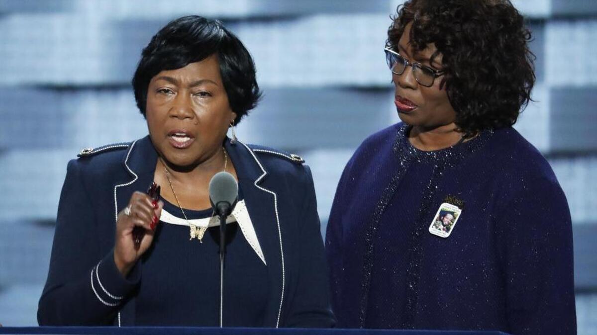 Felicia Sanders, survivor of the Mother Emanuel Church shooting in Charleston, SC., and Polly Sheppard, survivor of the Mother Emanuel Church shooting in Charleston, SC., speak during the third day of the Democratic National Convention in Philadelphia , Wednesday, July 27, 2016.