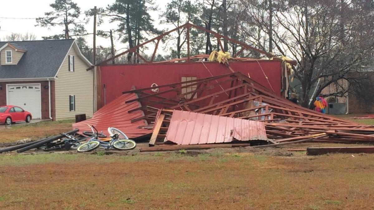 A roof of what appears to be a shed was ripped from its structure at Dorman’s Crossroads where fire trucks are now on the scene.