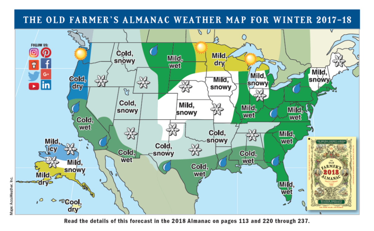 The Old Farmer’s Almanac 2018 winter weather map.
