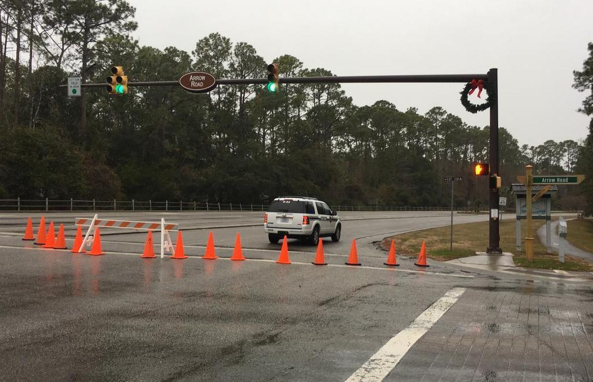 Cones block the entrance onto Cross Island Parkway Wednesday morning, January 3, 2018. The Beaufort County Sheriff’s Office has not announced any road blocks ahead of Hurricane Florence as of Monday afternoon.