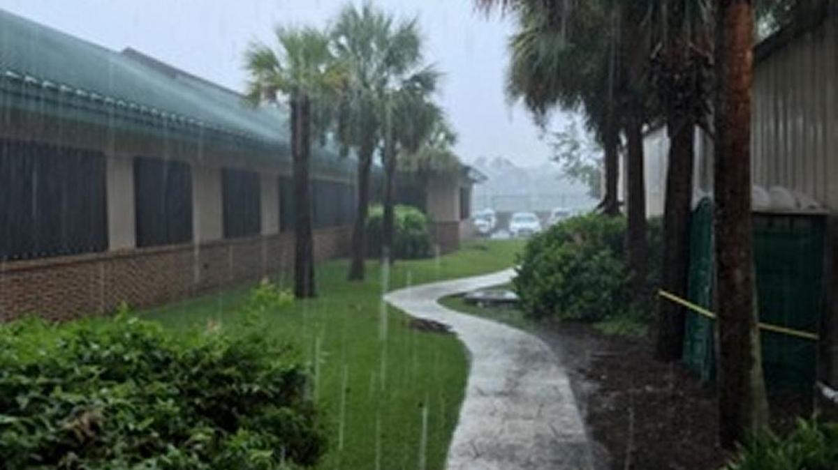 Rain from Hurricane Irma coming down Sept. 11, 2017 near Hilton Head Island’s Emergency Operations Center.
