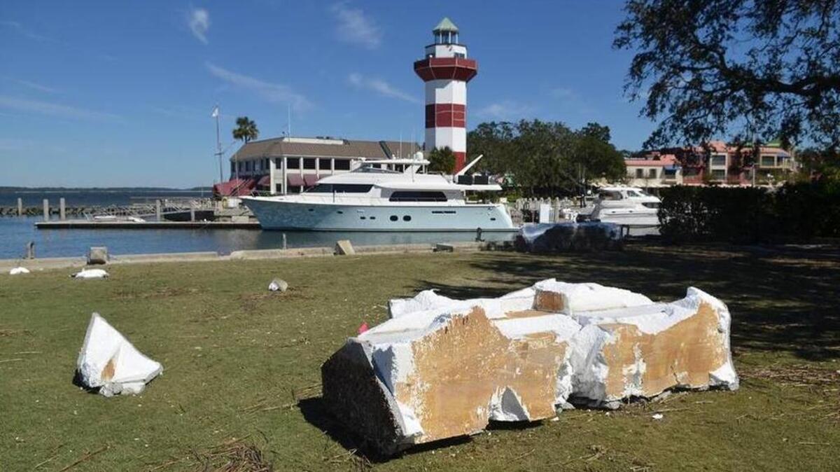 Rubble from the floating dock at Harbour Town flew onto the18th hole of Harbour Town Golf Links by the wind and waves of Hurricane Matthew in this photo taken Oct. 10, 2016.