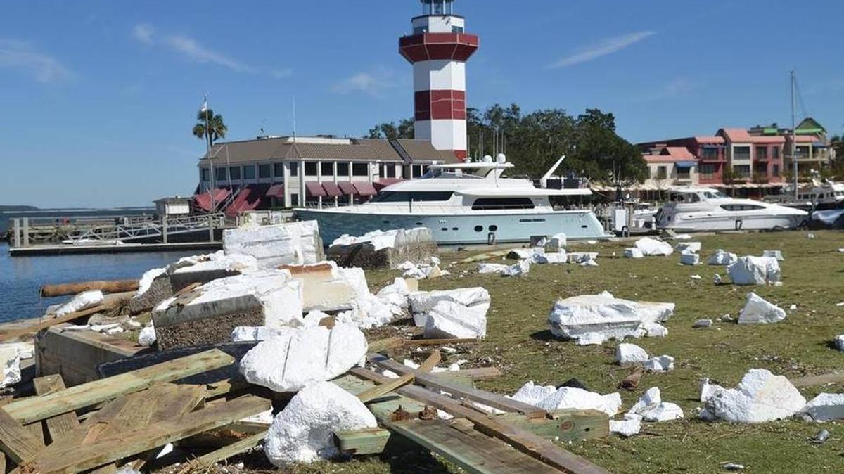 Rubble from the floating dock at Harbour Town ended up on the apron of the 18th hole of Harbour Town Golf Links in this photo taken Oct. 10, 2016.