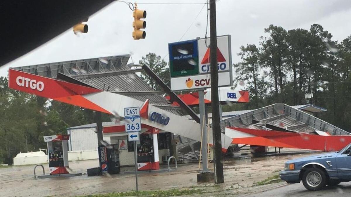 Hurricane Matthew mangled a gas station’s awning, which rests on the station’s building and pumps on Saturday, Oct. 8, 2016, in Hampton, S.C. Beaufort resident Josh Gibson evacuated ahead of the storm and took the photo on his way back home, when he tried to, but was not able to, re-enter Beaufort County.