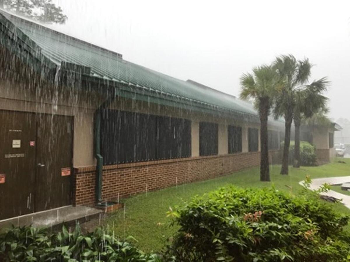 Rain from Hurricane Irma coming down Sept. 11, 2017 near Hilton Head Island’s Emergency Operations Center.