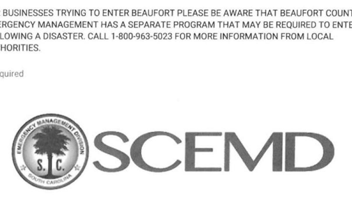 The SCEMD business pass hurricane re-entry form instructs business owners to call the Beaufort County re-entry hotline, but the line is not yet in use. These passes will not be honored for early entry into Beaufort County.
