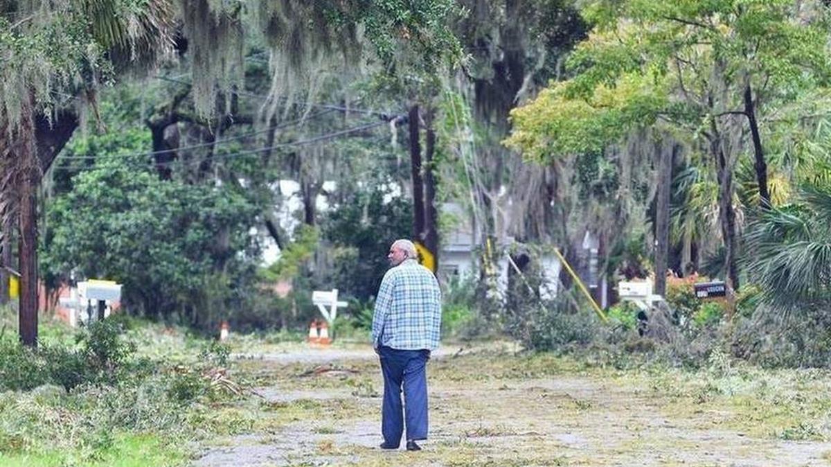 A man checks out damage from Hurricane Matthew while walking along a debris-strew Old Shell Road in Port Royal on Saturday, Oct. 8, 2016, after the Category 2 storm raged across Beaufort county in the early hours of the morning.
