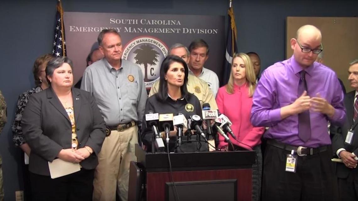 Gov. Nikki Haley conducts a 1 p.m. news conference in Columbia on Oct. 10, 2016, describing South Carolina responses to areas harmed by Hurricane Matthew. Image taken from video.