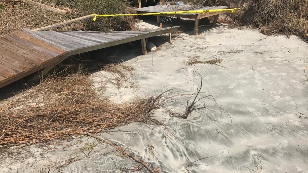 Damage to a Sea Pines boardwalk near the Atlantic Dunes course is shown on Wednesday.