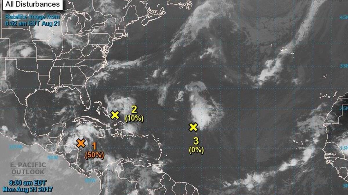 A National Hurricane Center map shows tropical disturbances being tracked Monday morning.