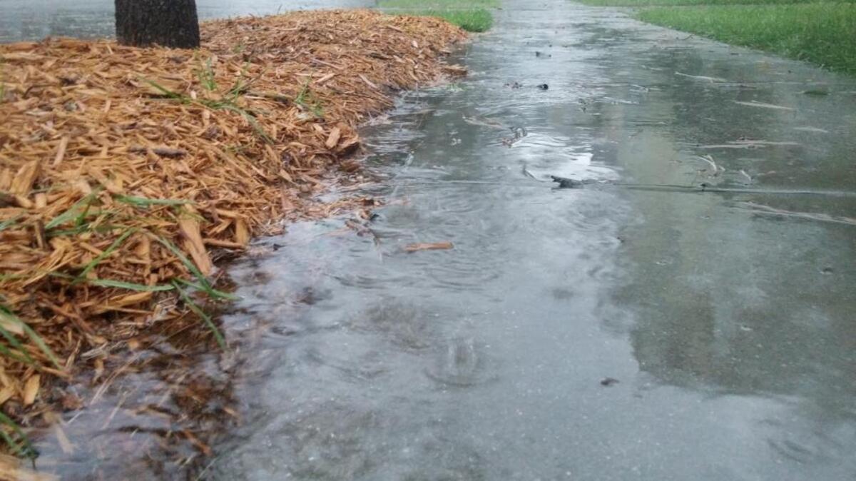 Rain floods a sidewalk near Parkside at Baynard Park in Bluffton.