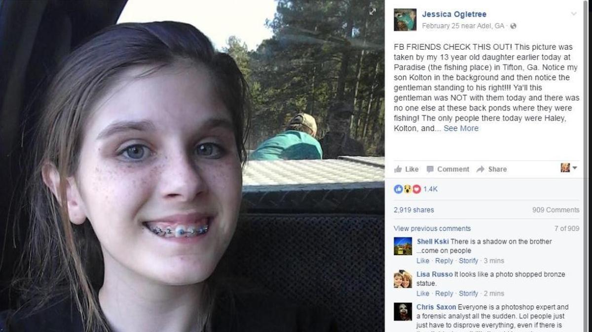 A Georgia woman claims only two people are in this photo, but a strange image in the background appears to be a third person.