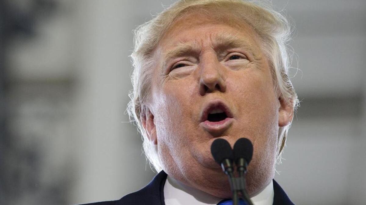 Republican presidential candidate Donald Trump speaks during a campaign stop at the Signature Flight Hangar at Port-Columbus International Airport on March 1, 2016, in Columbus, Ohio.