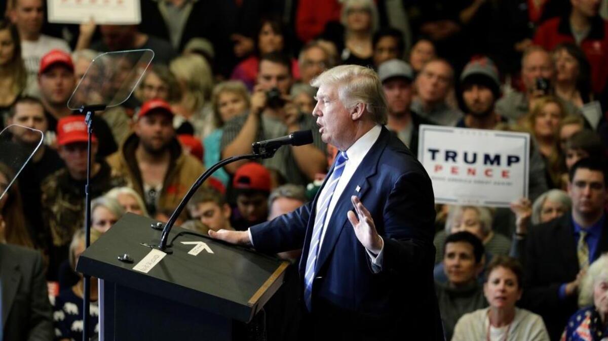 Republican presidential candidate Donald Trump speaks at a rally, Wednesday, Sept. 28, 2016, in Waukesha, Wis.