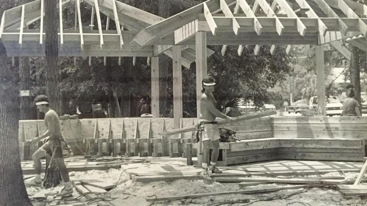 Workers frame the public bus shelter in front of the McDonald’s restaurant near Sea Pines Circle on Hilton Head Island on July 28, 1989. It was donated by the Hilton Head Island Rotary Club, with other contributors, and still serves riders of the Palmetto Breeze regional public transportation system.