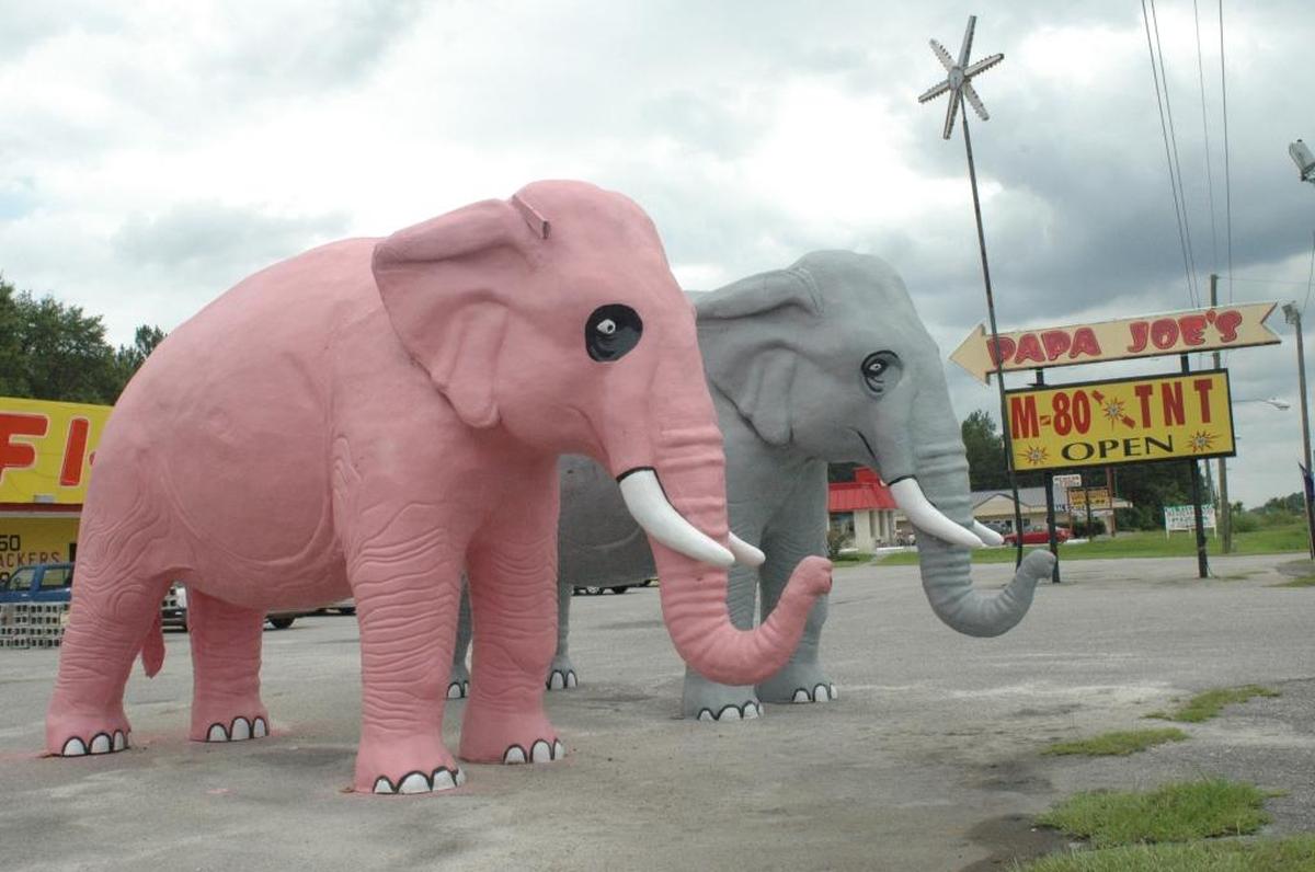 “Al and Lizzie,” an iconic pair of life-size elephant statues, were photographed in 2017 at their former home outside Papa Joe’s Fireworks on U.S. 17 (Whyte Hardee Boulevard). The pair of pachyderms has become a niche roadside attraction since their arrival in Hardeeville in the 1970s.