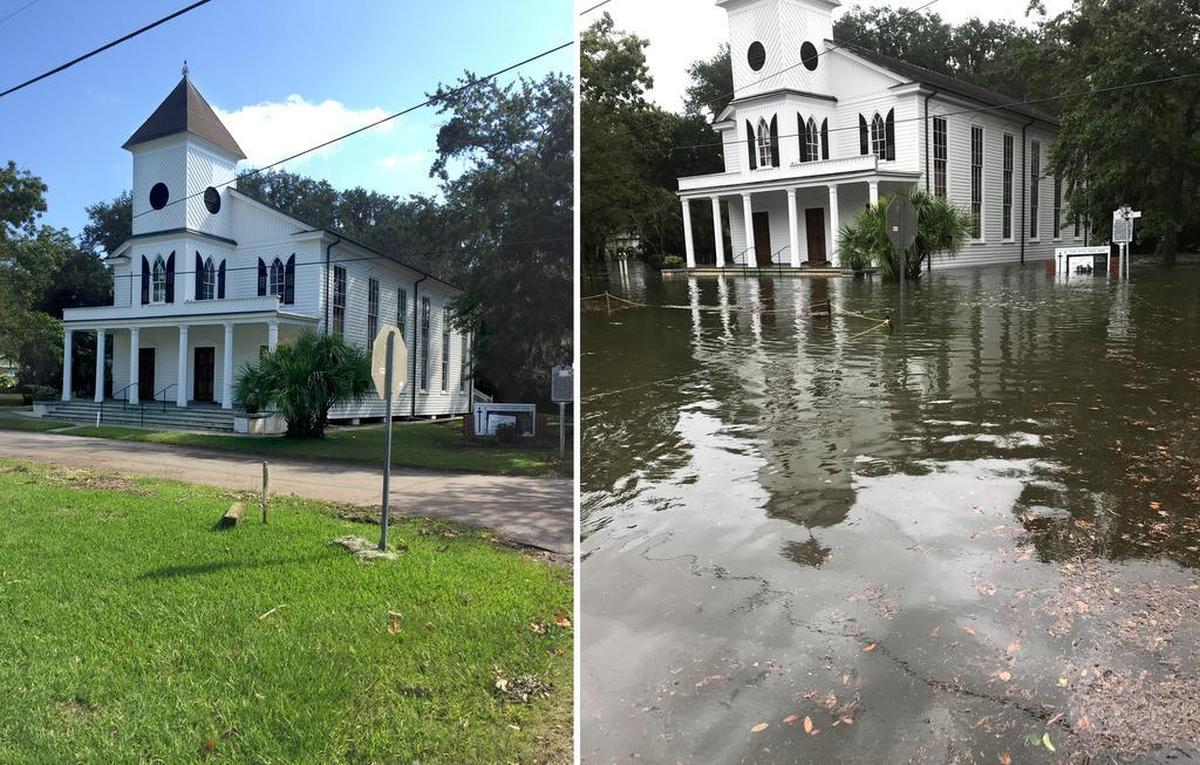 Pictured is the First African Baptist Church in located at New and King streets in downtown Beaufort photographed on Sept. 14, 2017, left and Sept. 11, 2017, right, the day Tropical Storm Irma came ashore in the Lowcountry.
