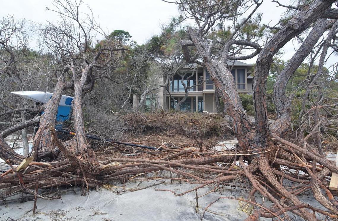 A catamaran, left, ended up on its side and entangled in these dead trees in front of a beachfront home along South Beach on Hilton Head Island after being washed there by the storm surge from Tropical Storm Irma on Monday. South Beach was badly eroded by Hurricane Matthew in 2016, and suffered another blow this year with Irma.