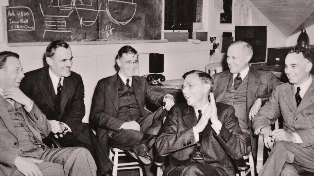 Alfred Loomis, far right, is photographed at a 1940 meeting with physicists at Berkeley.