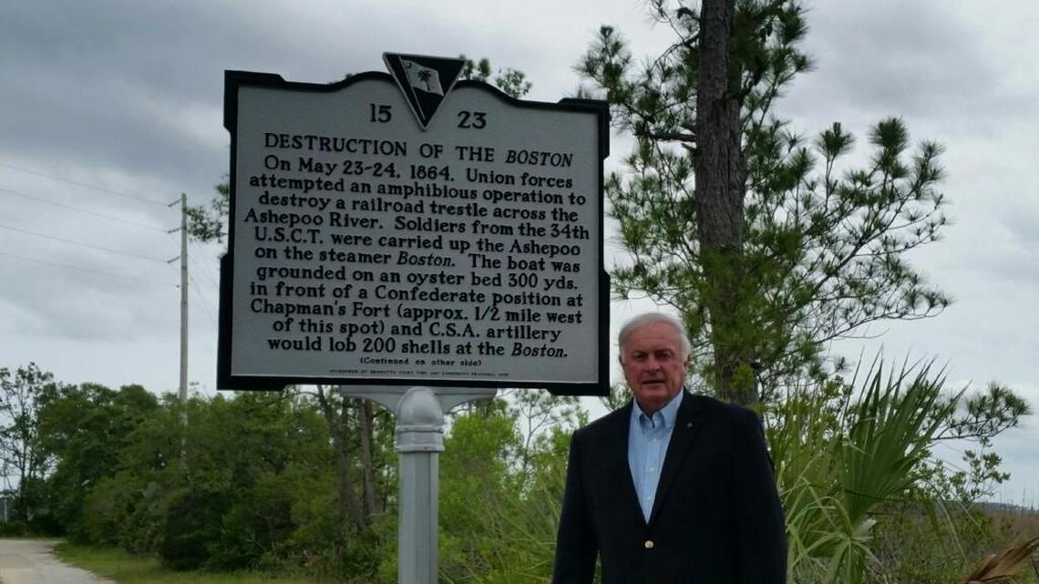 Dewey Wise poses by the new historical marker on Bennetts Point Road in Colleton County, near the Frank E. Baldwin Jr. Bridge over the Ashepoo River.