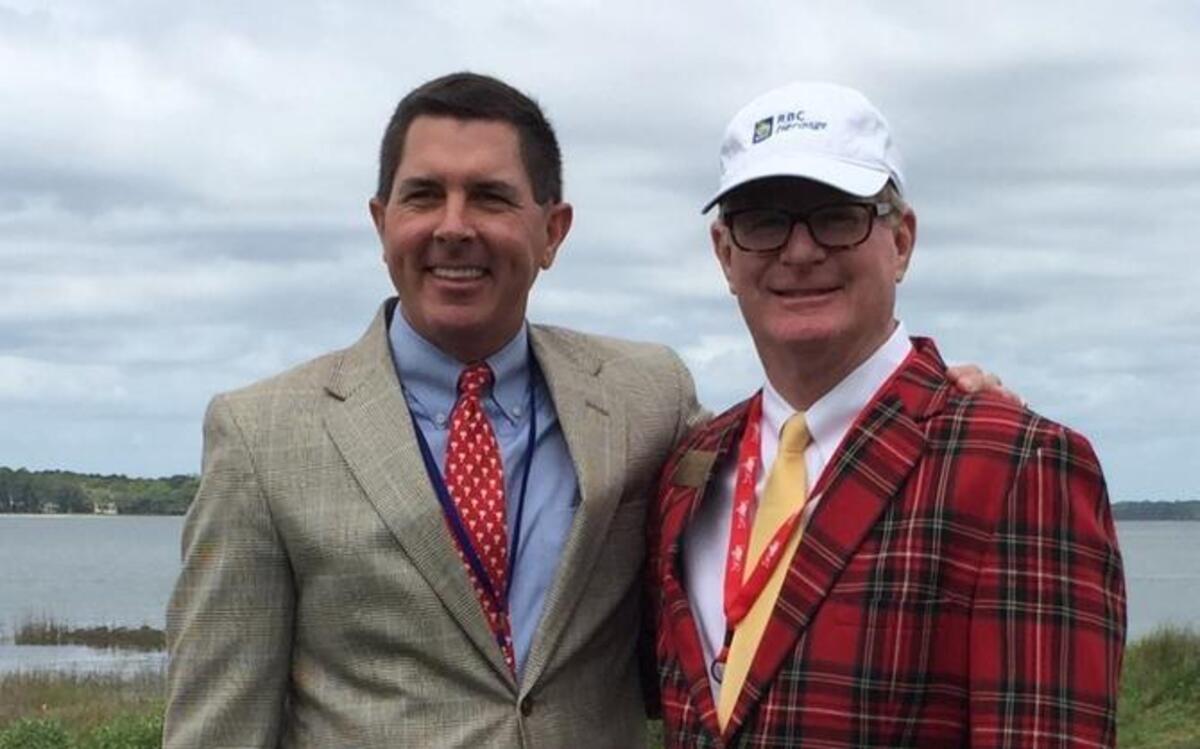 Keller Kissam, left, poses with Charlie Rountree III at the ceremonial cannon after giving the invocation at the opening ceremony of the RBC Heritage Presented by Boeing on April 11, 2016.