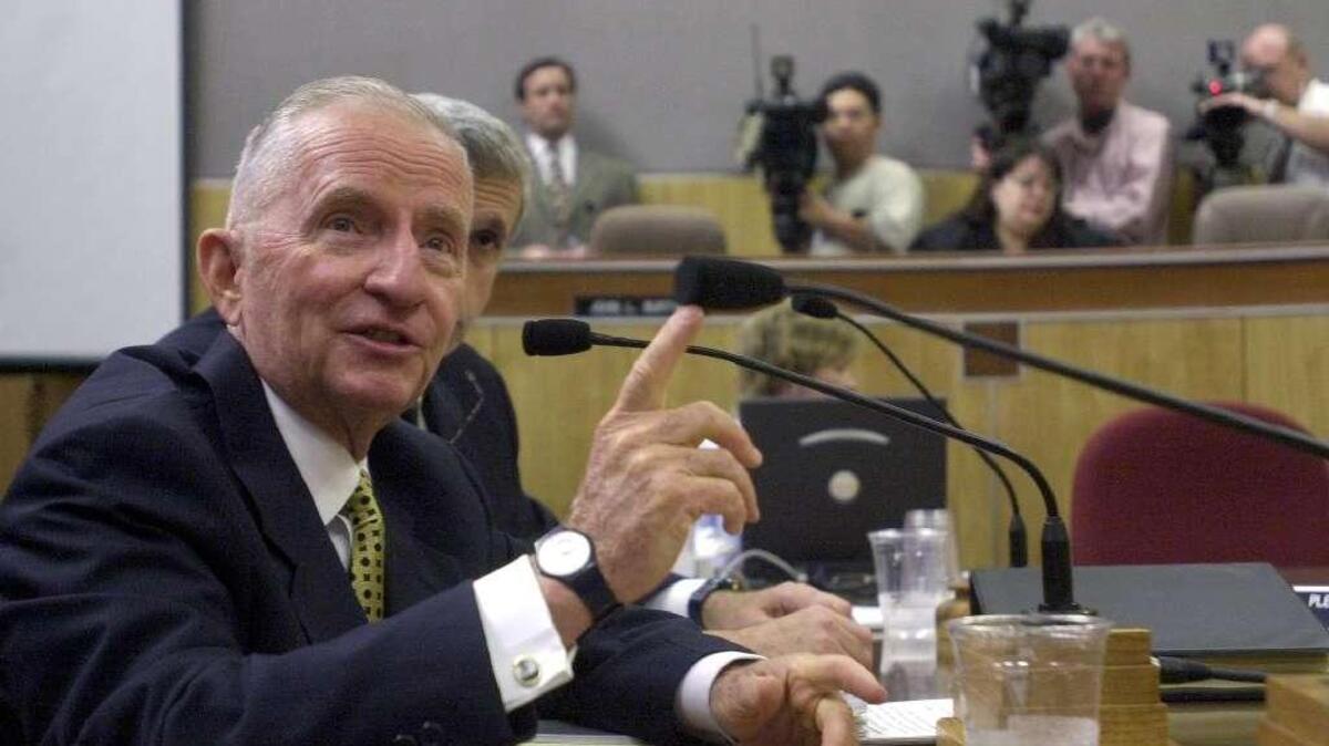 H. Ross Perot answers questions during a California State Senate committee hearing in 2002.