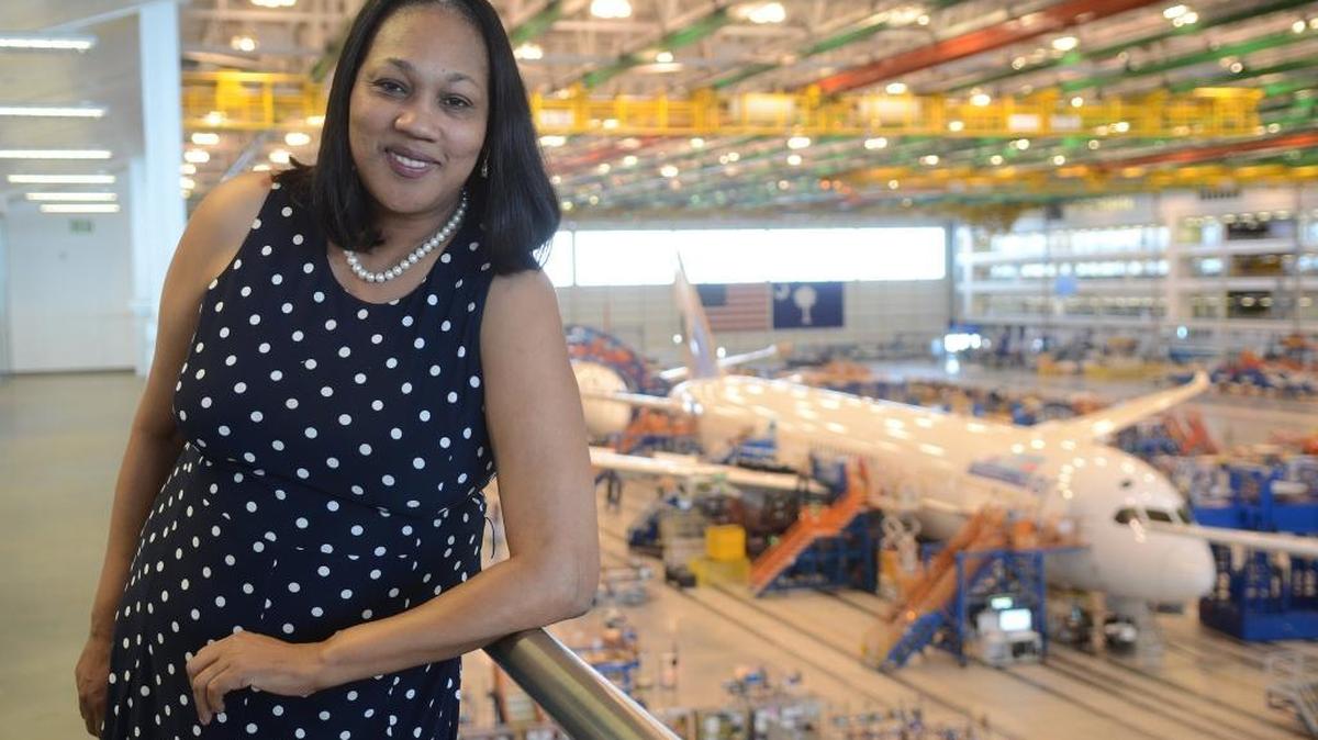Joan Robinson-Berry, the new vice president and general manager of Boeing SC, stands for a portrait outside of her office overlooking production of Boeing aircrafts on March 21, 2017, at the Boeing facility in North Charleston.