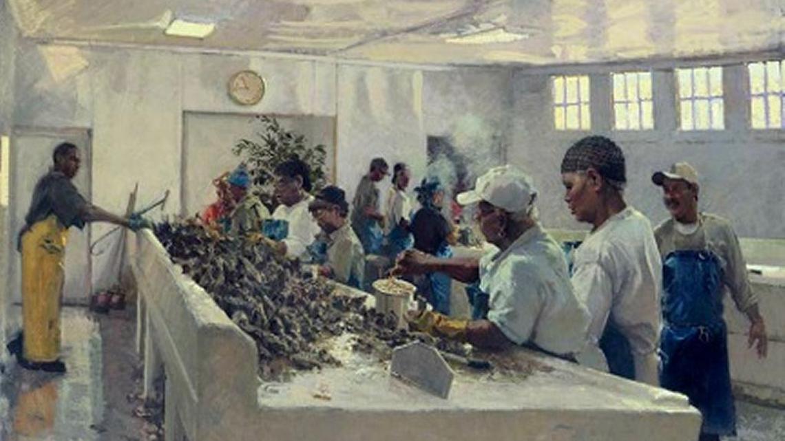 “Bluffton Oyster Factory Shuckers” at the Bluffton Oyster Co. on the May River in Bluffton.