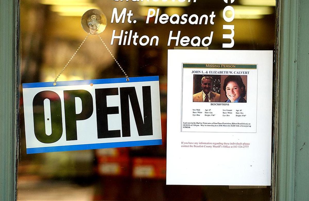 In this file photo from 2008, six days after John and Elizabeth Calvert were reported missing, missing posters with photos of the couple began appearing on businesses like this one on Hilton Head Island.
