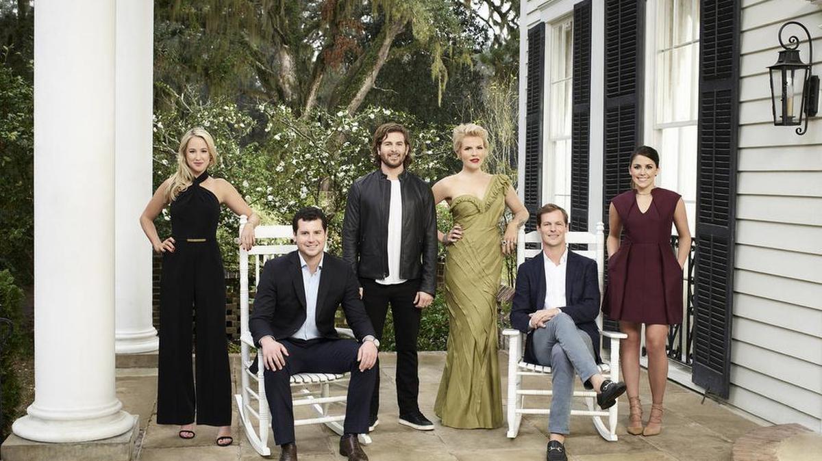 Pictured are the stars of “Southern Charm Savannah,” from left, Catherine Lanier Cooper, Louis Oswald, Daniel Eichholz, Ashley Borders, Lyle Mackenzie, Hannah Pearson.