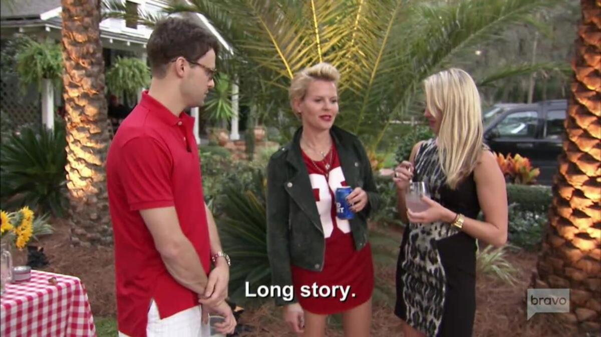 Ashley Borders, center, appears in a scene of “Southern Charm Savannah” with co-stars Nelson Lewis and Catherine Cooper. Cooper had just asked Borders about the bandage on Borders’ hand.