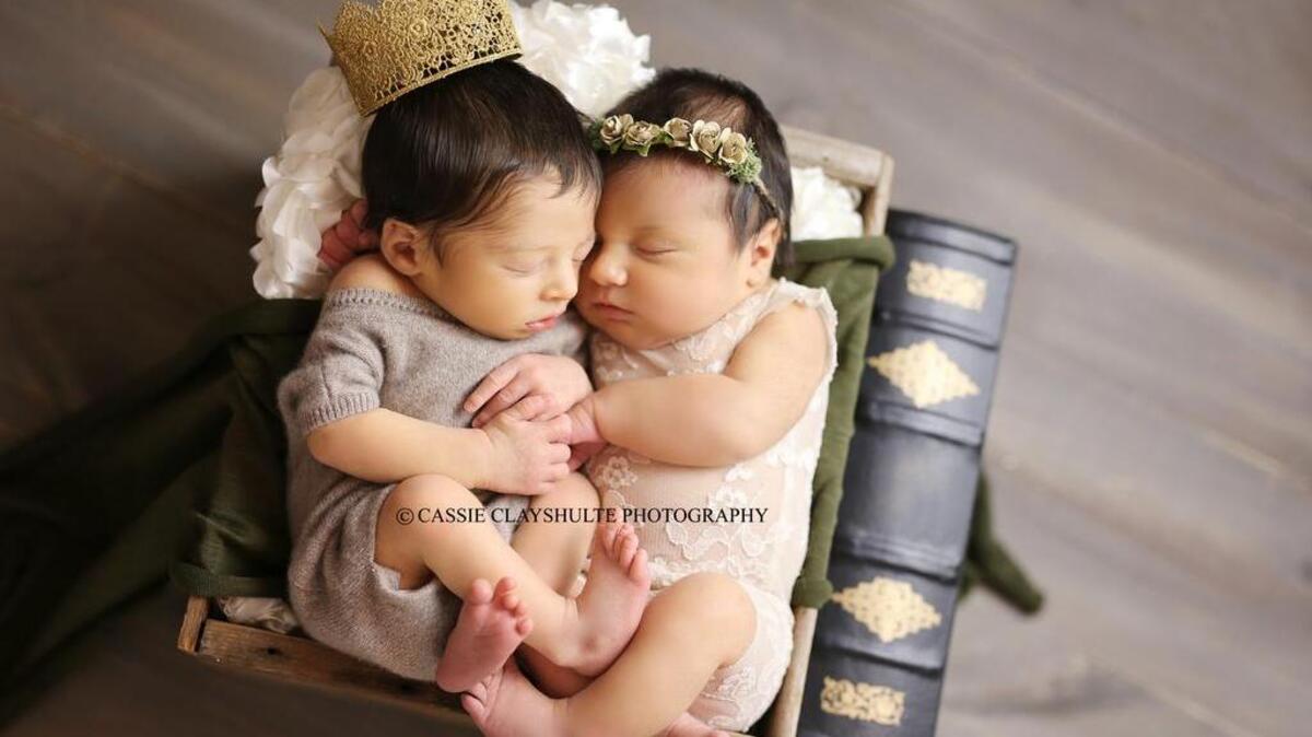 Romeo Arcangel Hernandez, left, born to parents Morgan and Jovanny Hernandez of Beaufort, is pictured with Juliet Evangeline Umana, right, born to parents Christiana Shifflett and Allan Umana of Bluffton, in this photo taken in studio by Cassie Clayshulte Photography. Another set of babies was born recently in a Florida hospital also named Romeo and Juliette.