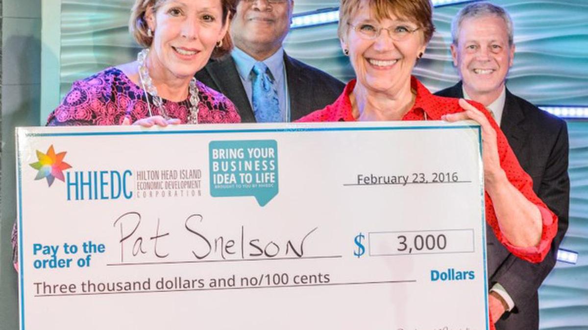 Patricia Snelson of Hilton Head Island won first place in the Hilton Head Island Economic Development Corp.’s “Bring Your Business Idea to Life” contest Tuesday at Poseidon Coastal Cuisine on Hilton Head. Snelson’s business pitch was for Tip Toes Custom Shoes, which will use digital scans and a 3-D printer to create shoes for people with podiatric issues.