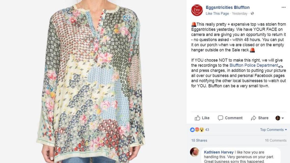 Bluffton boutique gives the person who stole a $200 silk tunic 48 hours to make it right