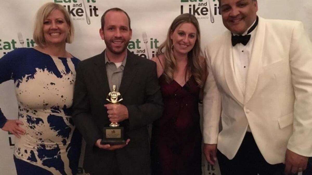 Pictured, from left, are Senea Crystal, managing partner of “Eat It and Like It”; Josh and Kali Cooke, owners of Corner Perk in Bluffton; and host of “Eat It and Like It,” Jesse Blanco. Corner Perk won best coffee roaster in the Savannah area at the third annual “Eat It and Like It” Foodie Awards, held May 22 at The Brice Hotel in Savannah.